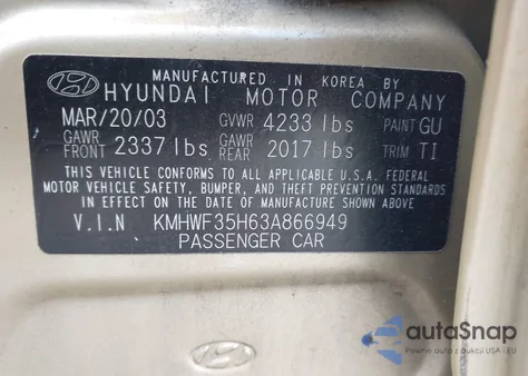 2003 Hyundai Sonata Gls/Lx z USA, uszkodzony, nr VIN KMHWF35H63A866949